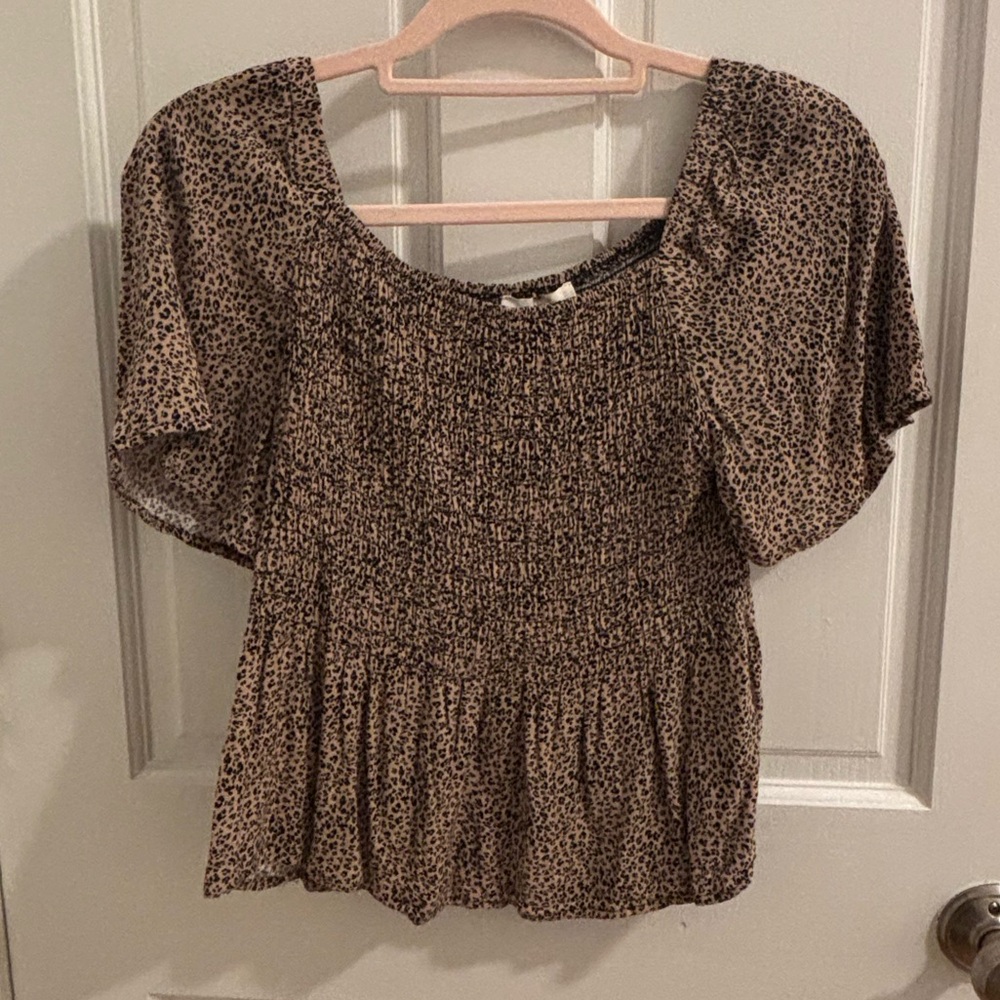 Smocked Leopard Print Peplum Top - Brown